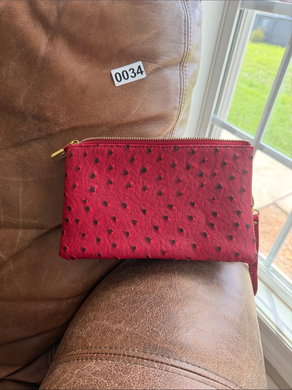Source Unknown Red Faux Ostrich Wristlet with Gold Hardware